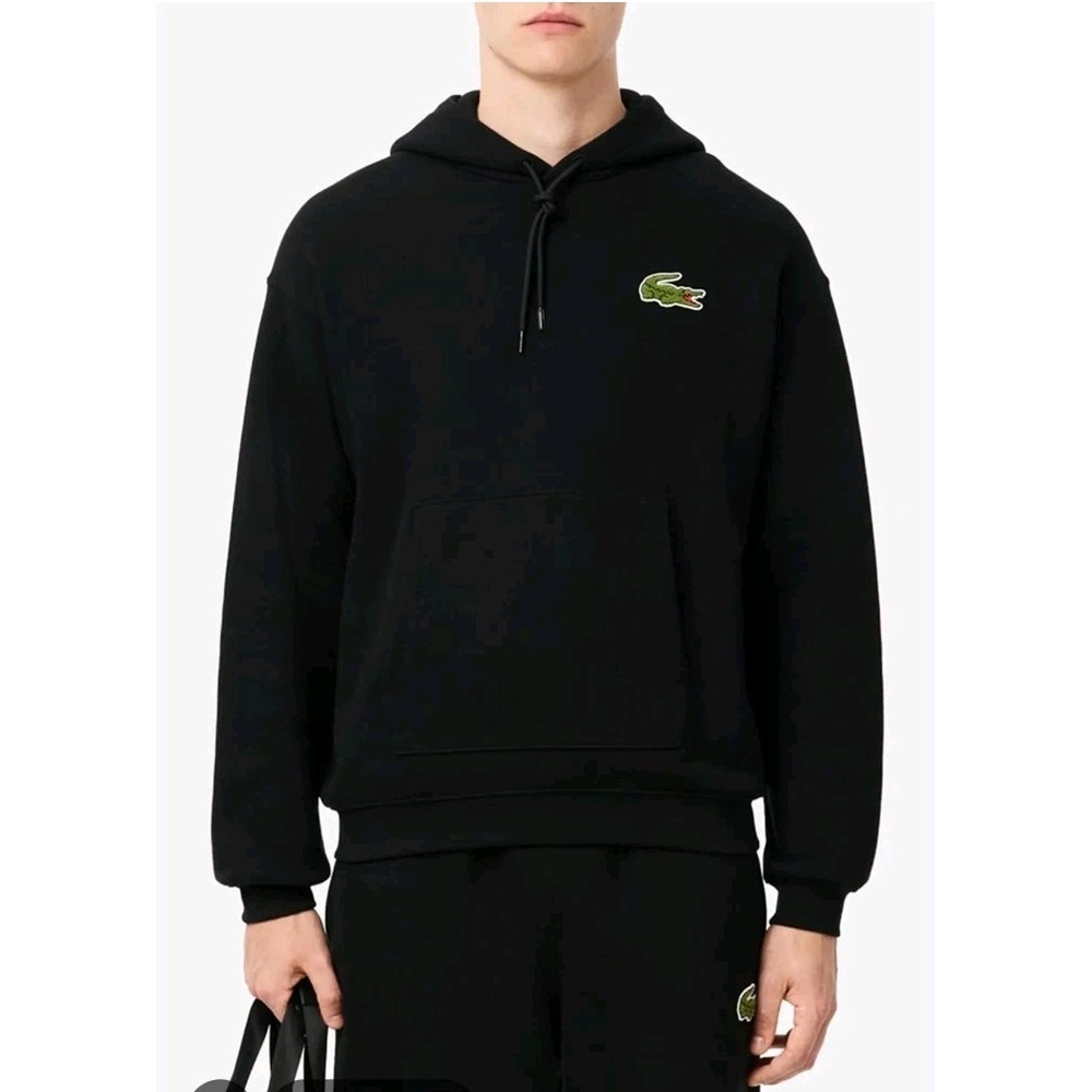 Lacoste Mens Size L Black Loose Fit Crocodile Logo Pullover Hoodie Sweatshirt
